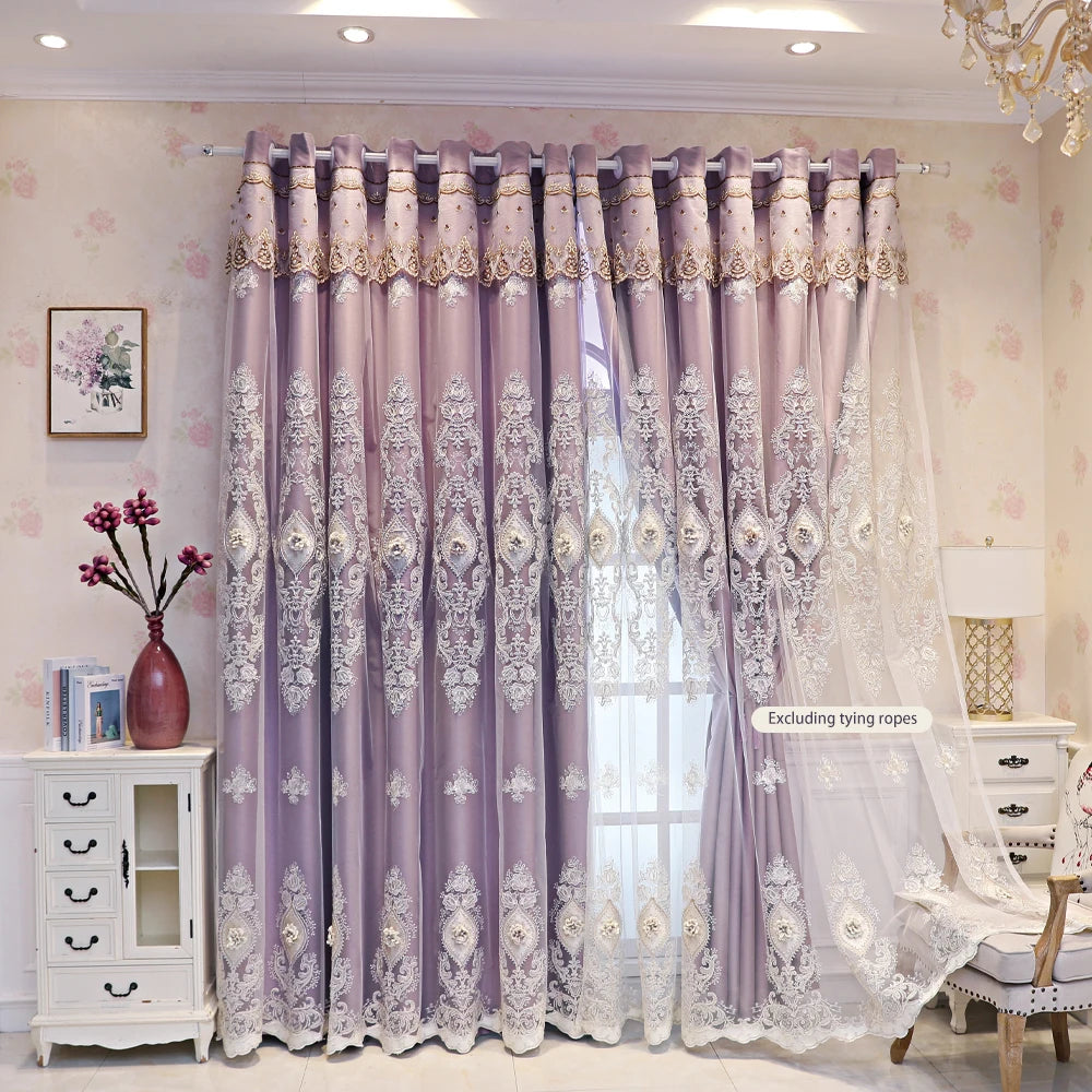 Vintage-Style Embroidered Dual-Layer Curtains – 3D Relief Pattern Window Drapes (Single Panel)