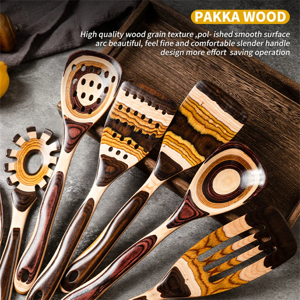 7-Piece Brown Pakkawood Utensils Set – Sturdy Eco-Friendly Wooden Spoons & Cooking Tools
