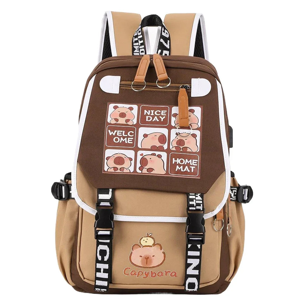Capybara Flap Backpack with Pencil Case – Cute Nylon Animal Daypack for Teens