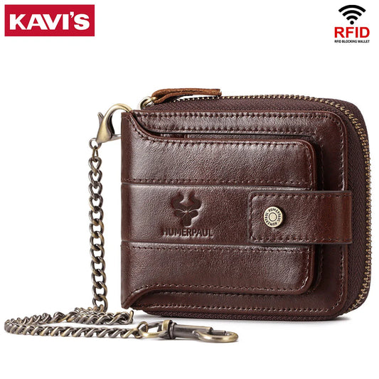 KAVIS Men’s RFID Genuine Leather Wallet – Multifunction Zipper Storage Money Bag with Coin Purse & Card Holder