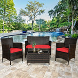 “8-Piece Patio Rattan Conversation Set – Outdoor Wicker Sofa, Chairs & Table with Red Cushions”
