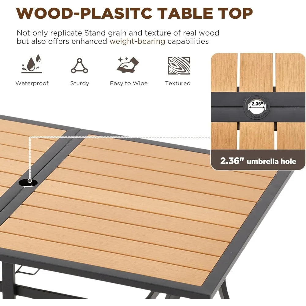 “7-Piece All-Weather Rattan Patio Dining Set – 60” Wood-Top Table with Umbrella Hole & 6 Cushioned Chairs for Outdoor Garden & Backyard”