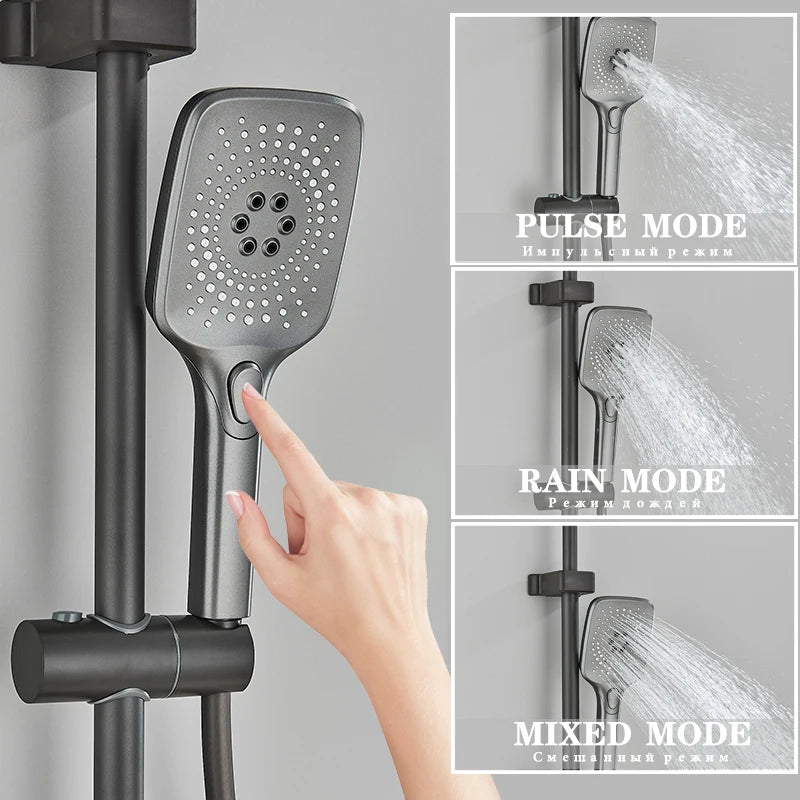 Grey Smart Digital Display Shower Faucet Set – Piano-Style Rainfall Bathroom System