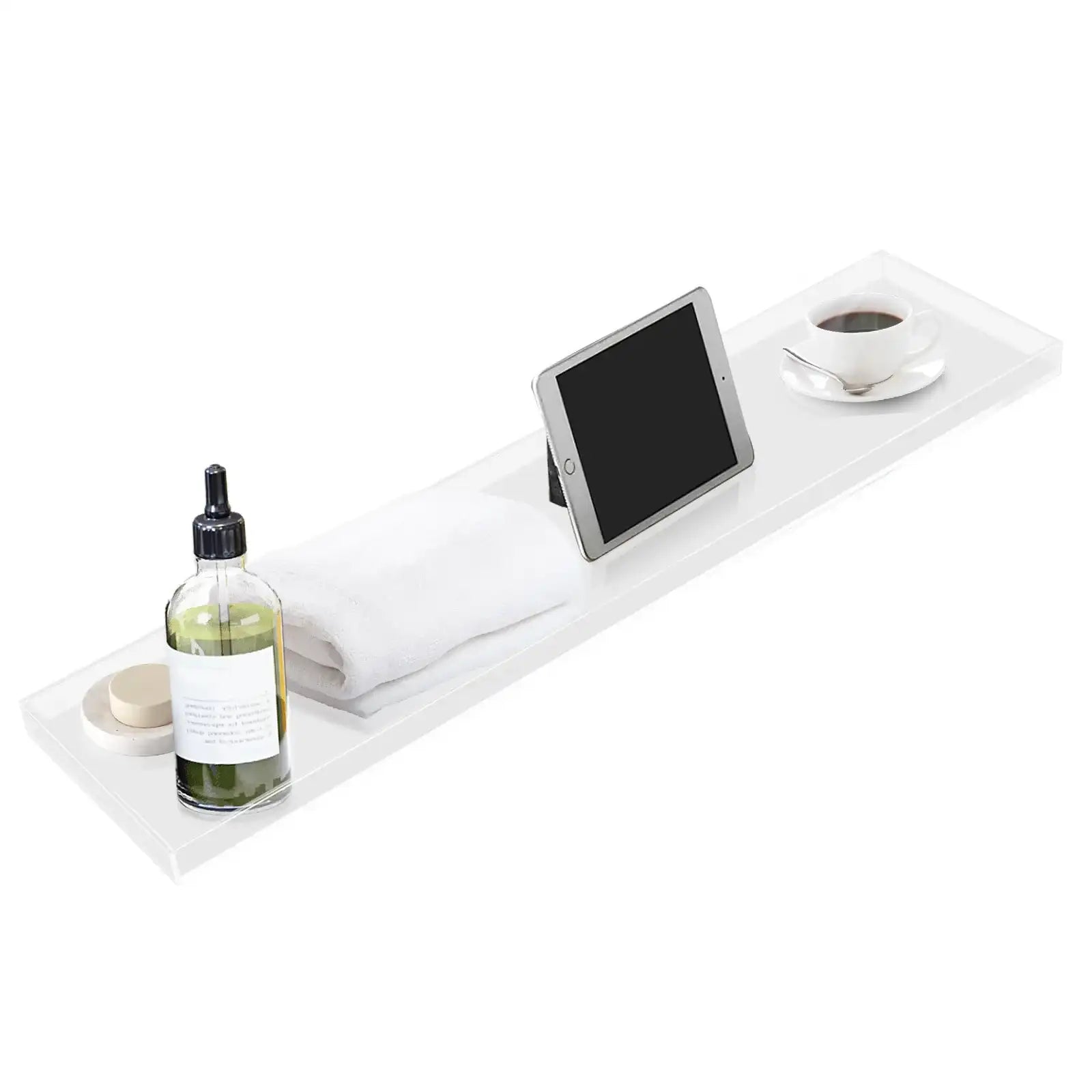 Expandable Bathtub Caddy Tray with Wine Glass & Book Holder – Luxury Acrylic/ Bamboo Bath Table Rack