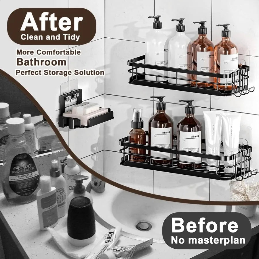 Large Rust-Proof Stainless Steel Shower Caddy – Adhesive Wall Mounted Shelf with Soap Holder & 4 Hooks