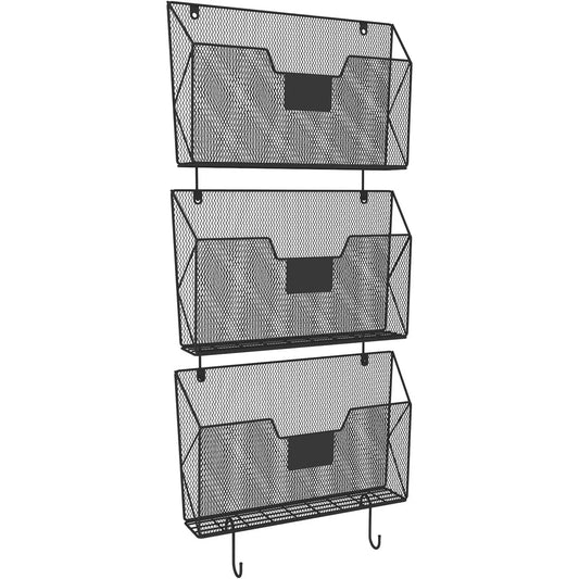 📂 3-Pack Metal Wall File Organizer with Hooks – Mesh Wall-Mounted Magazine & Document Rack for Home & Office (Black)