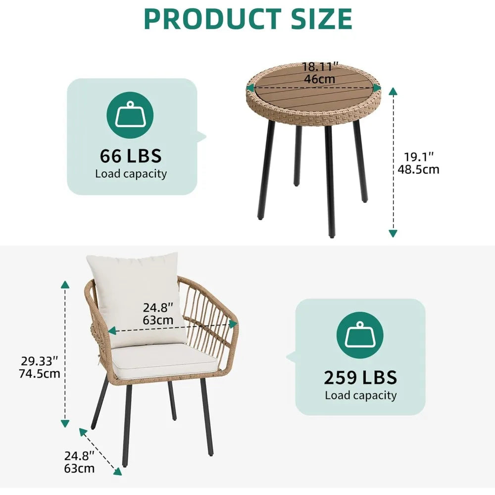 “3-Piece Outdoor Wicker Patio Bistro Set – All-Weather Rattan Conversation Furniture with Cushions & Table for Balcony, Porch, or Garden”