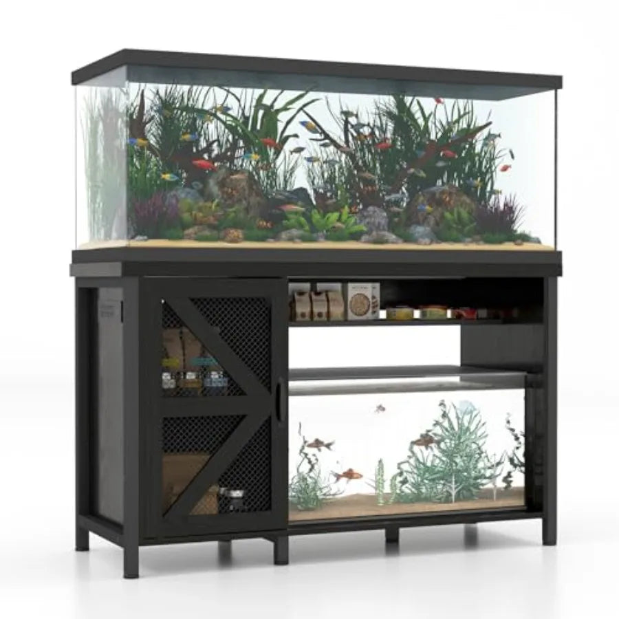 55–75 Gallon Aquarium Stand with Storage Cabinet, Power Outlets, LED Light & Turtle Tank Shelf