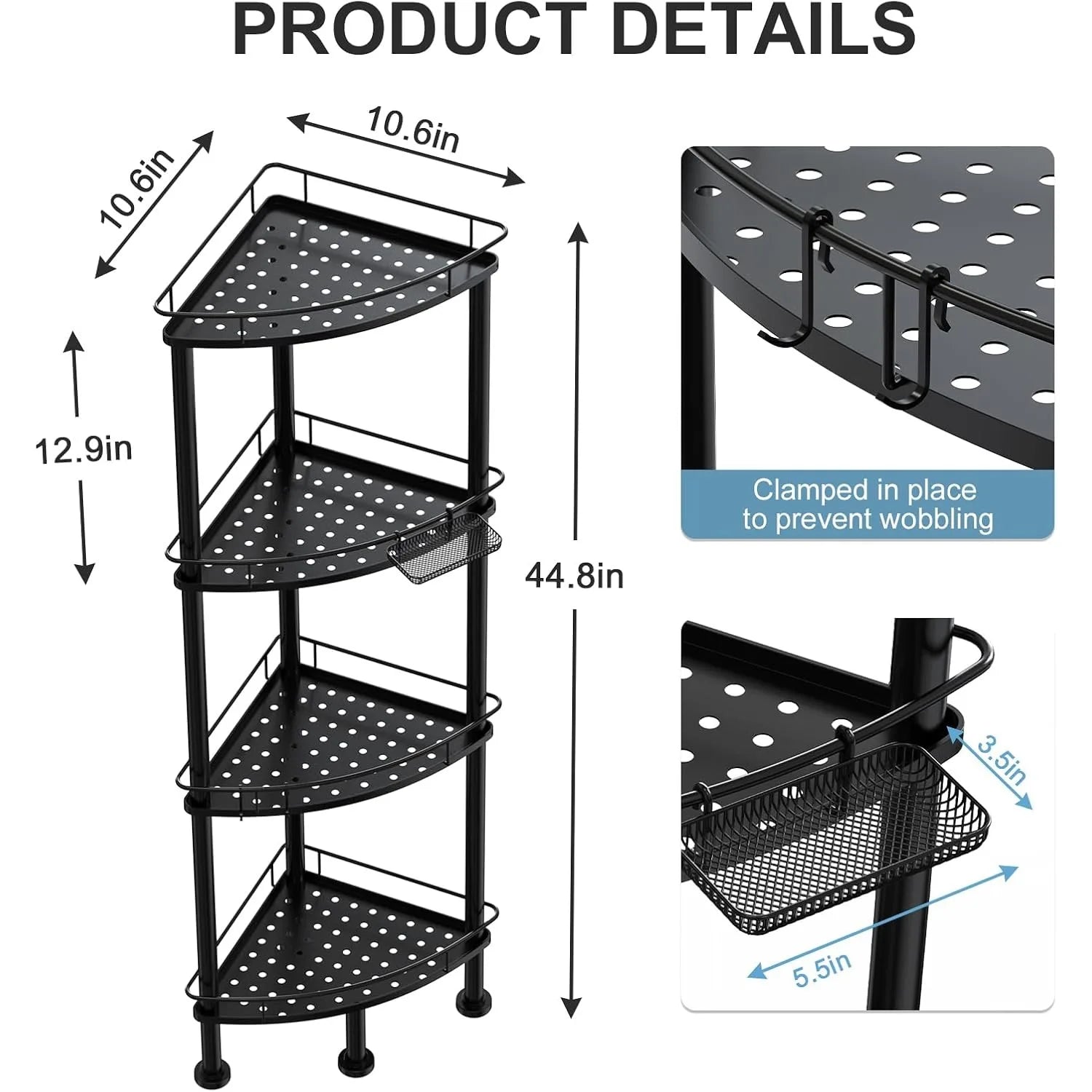 4-Tier Corner Shower Caddy Organizer – Rust-Resistant Metal Bathroom Shelf with Soap Holder & 4 Hooks