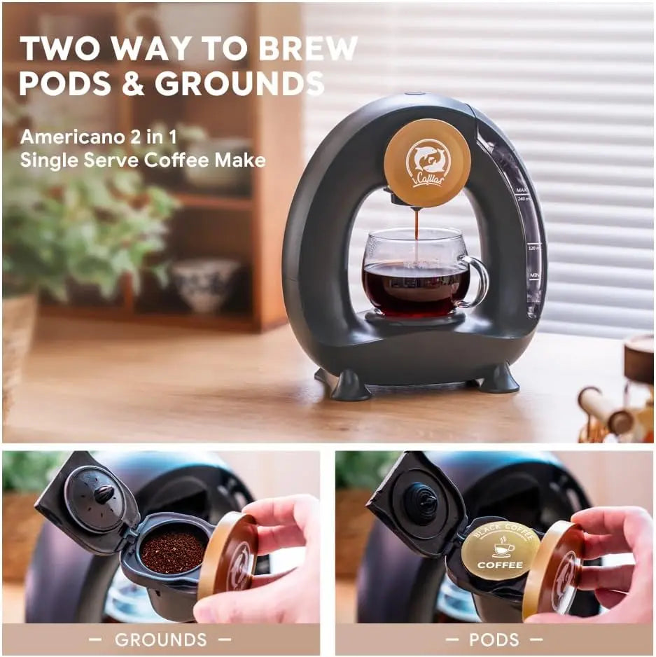 Quiet Single Serve Coffee Maker – Stylish Mini Q 2-in-1, Ground Coffee & Capsule Compatible, Dark Grey