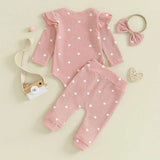 Infant Baby Girl Waffle-Knit Heart Romper, Pants & Headband 3-Piece Fall Outfit Set