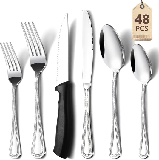 48-Piece Mirror-Polished Stainless Steel Flatware Set – Service for 8 (Forks, Spoons & Knives)