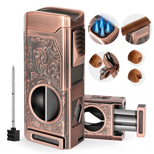 Scotte 4-Jet Flame Cigar Lighter – Refillable Butane with Cutter, V-Cut Punch, Holder & Draw Enhancer Kit