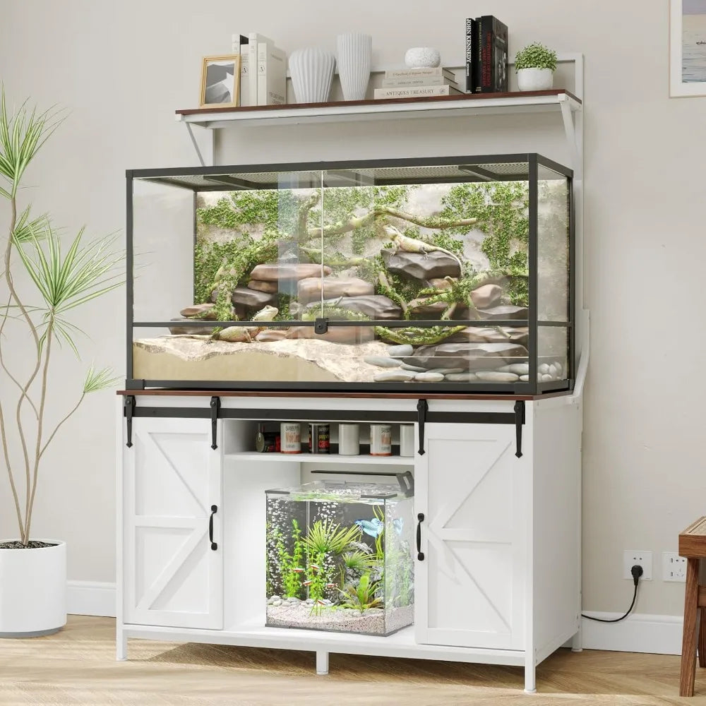 Farmhouse Reptile Tank Stand – Heavy Duty 48"×24" Tabletop with Power Outlet, Fits up to 120 Gallon Bearded Dragon & Aquariums