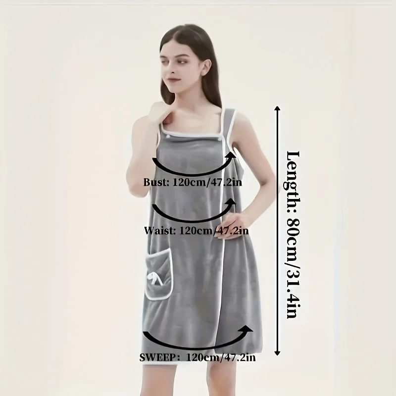 Wearable Coral Velvet Bath Towel – Soft Quick-Dry Bath Dress with Pockets & Bow Design | Absorbent Spa Robe for Women