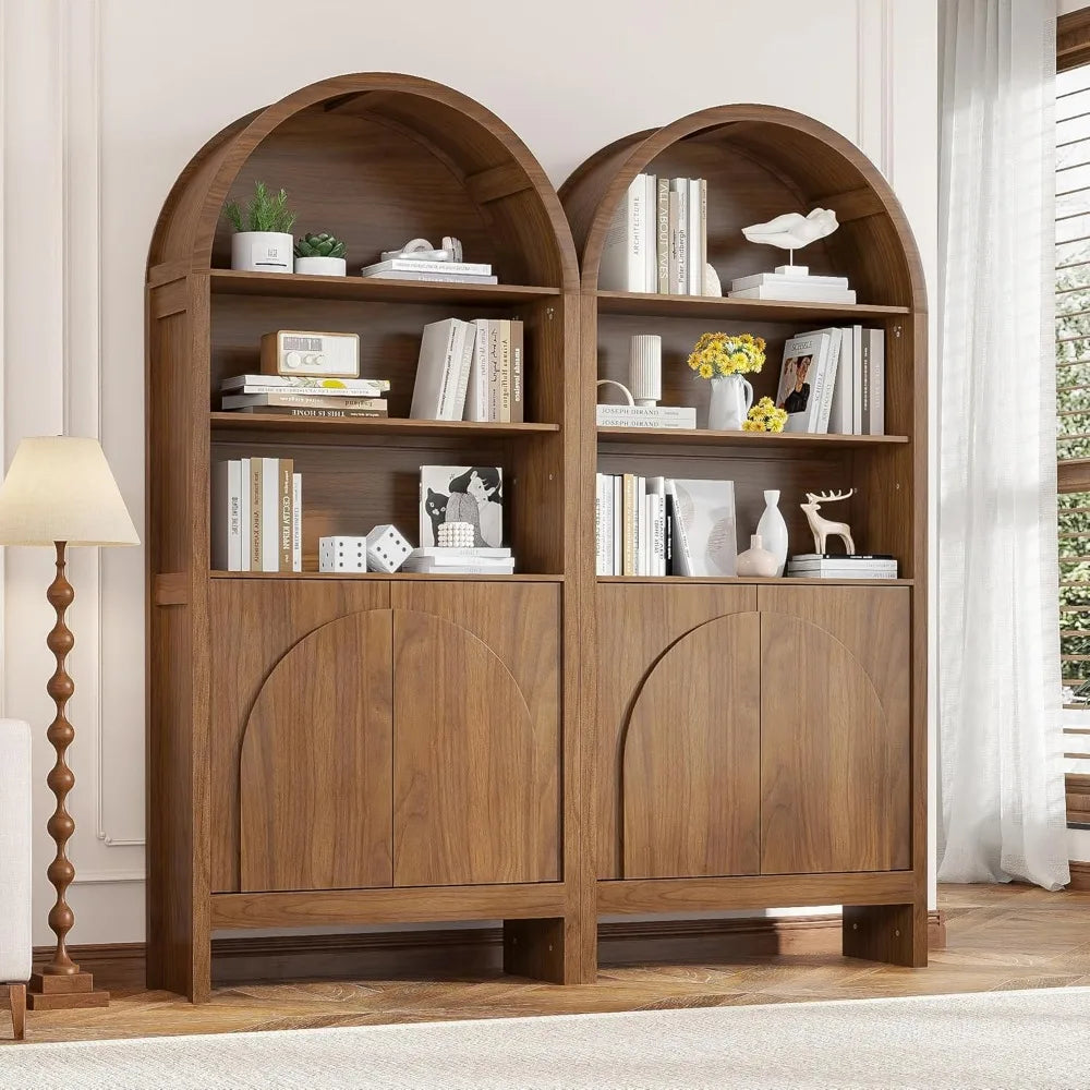 Mid-Century Arched Bookcase – 5-Tier Tall Display with Cabinet Doors, 71″ Architectural Library Storage