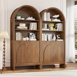Mid-Century Arched Bookcase – 5-Tier Tall Display with Cabinet Doors, 71″ Architectural Library Storage
