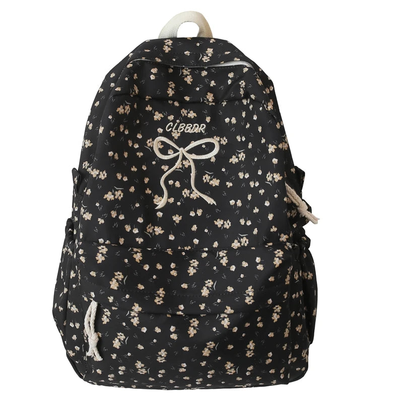 Floral Kawaii School Backpack — Aesthetic Bookbag for Teen Girls (Black)