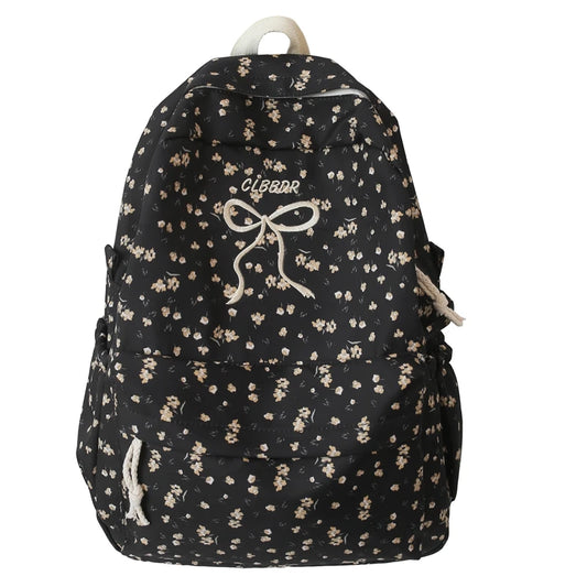 Floral Kawaii School Backpack — Aesthetic Bookbag for Teen Girls (Black)