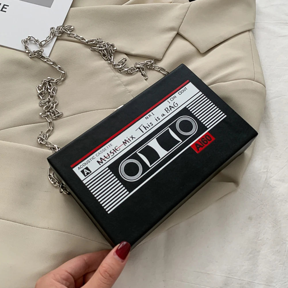 Women’s Radio Shape Crossbody Bag – Retro PU Leather Mini Chain Purse with Tape Recorder Print for Daily Use 🎶