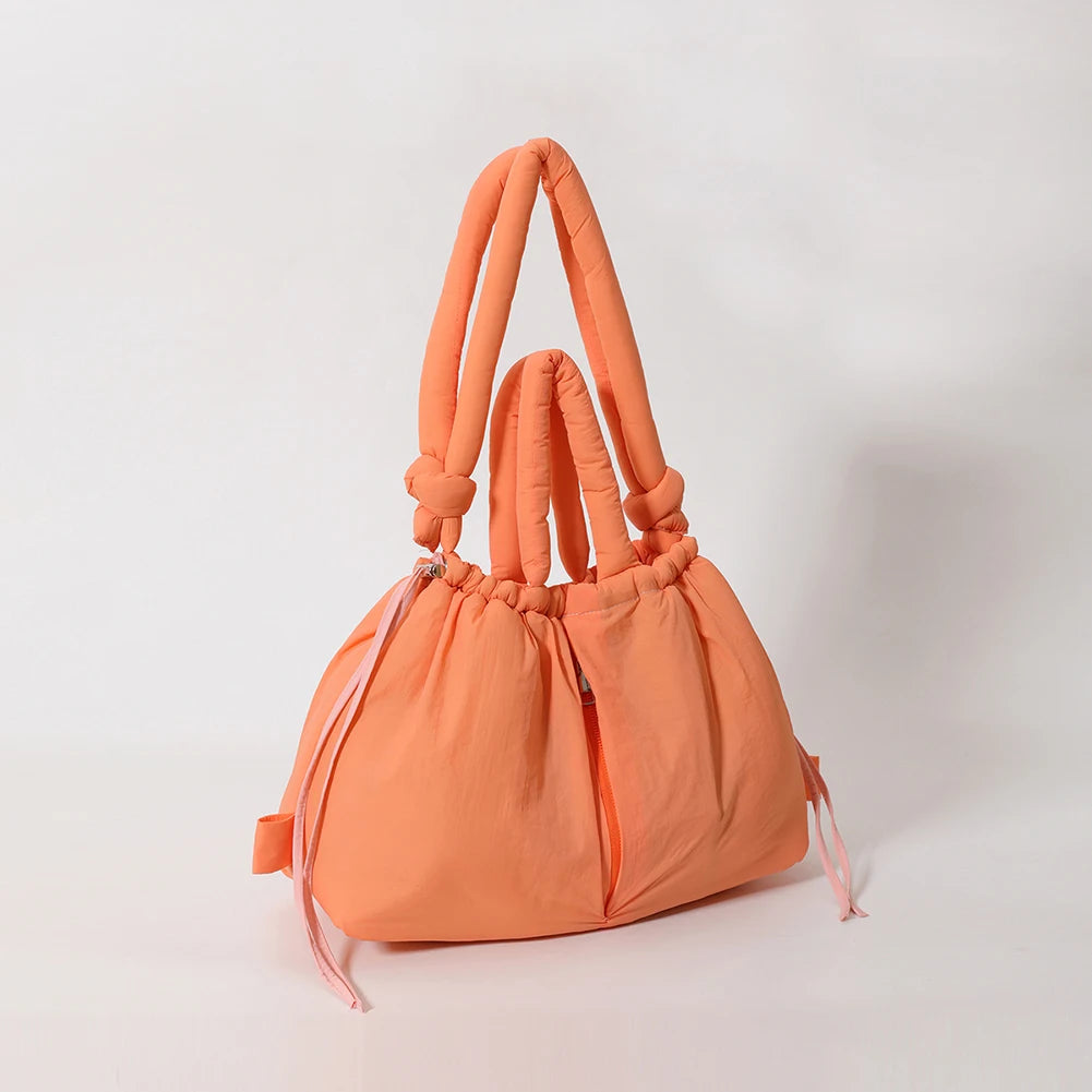 Women’s puffer tote bag – large-capacity nylon puffy handbag with adjustable crossbody strap, solid-color fashion purse for shopping & travel