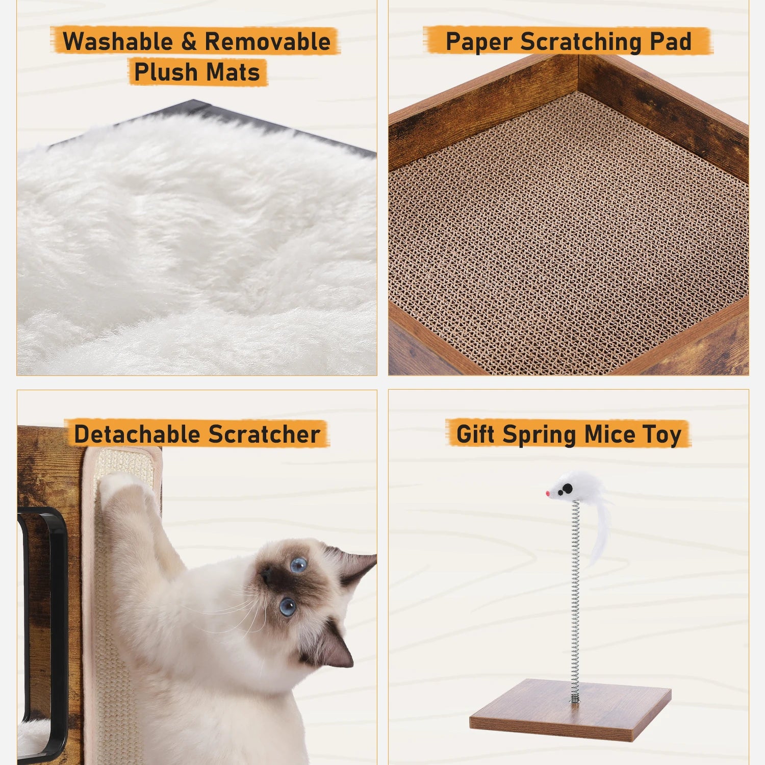 Cat Bed with Two Large Condos – Wooden Cat Condo House with Scratching Pad, Detachable Scratcher & Plush Mats, Cat Furniture