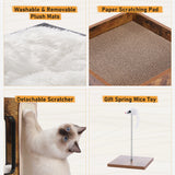 Cat Bed with Two Large Condos – Wooden Cat Condo House with Scratching Pad, Detachable Scratcher & Plush Mats, Cat Furniture