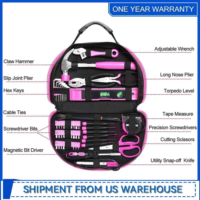 69-Piece Pink Tool Kit – Ladies Hand Tool Set with Easy-Carry Pouch for DIY Home & Auto Maintenance