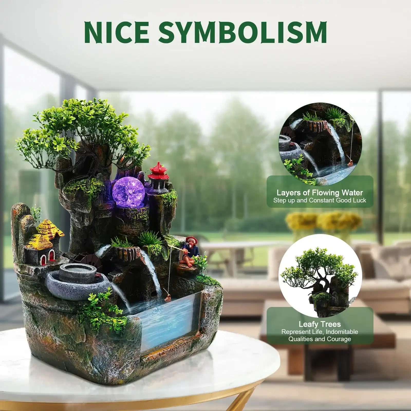 LED Tabletop Rockery Waterfall Fountain – Feng Shui Indoor Desktop Feature with Atomizer & LED Lights