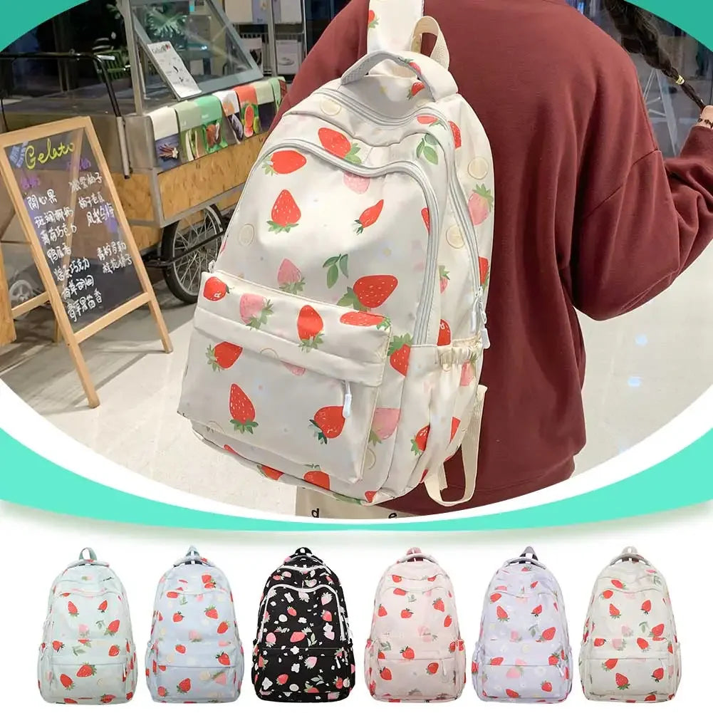 Women’s Strawberry Pattern Backpack – Large-Capacity Student School Bag | Cute Daily Daypack with Adjustable Straps