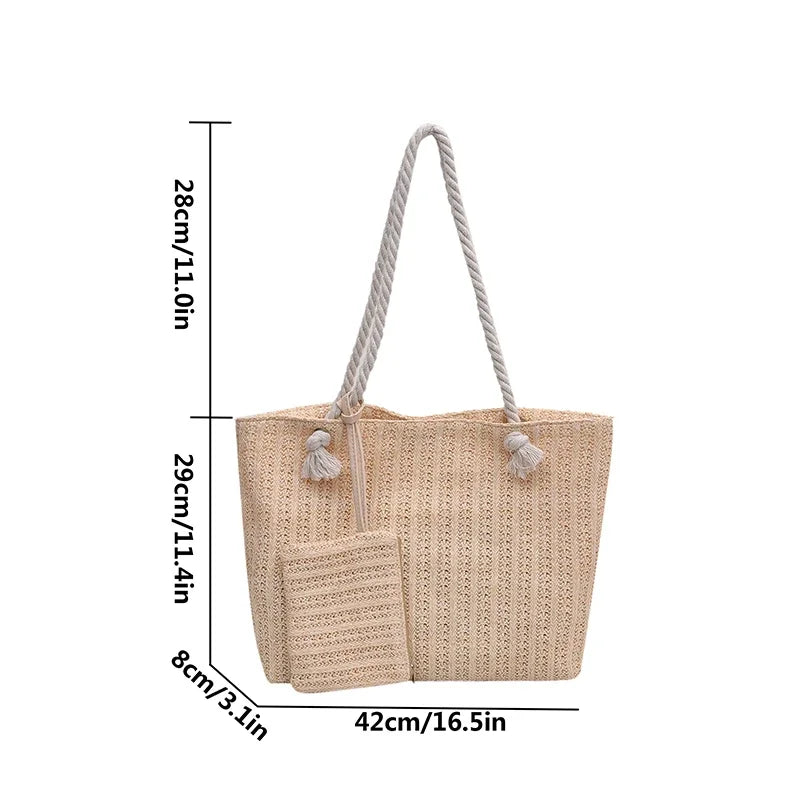 Designer women’s straw tote bag – large-capacity summer beach handbag, casual woven Bali-style purse for vacation, shopping & daily use