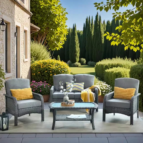 “Patio Furniture Set with Cushions – Outdoor Sofa, Chairs & Tea Table for Garden, Deck & Summer Relaxation”