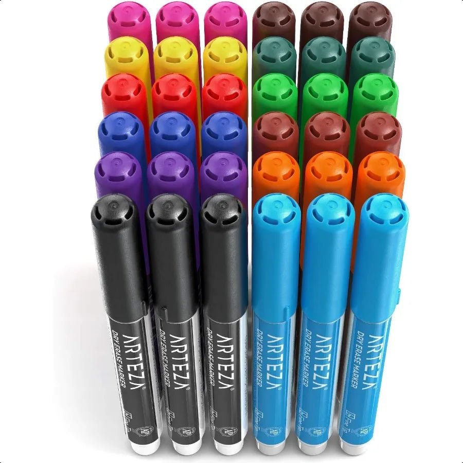 Bulk Set of 36 Fine-Tip Dry-Erase Markers – Low-Odor, 12 Bright Assorted Colors for Whiteboards