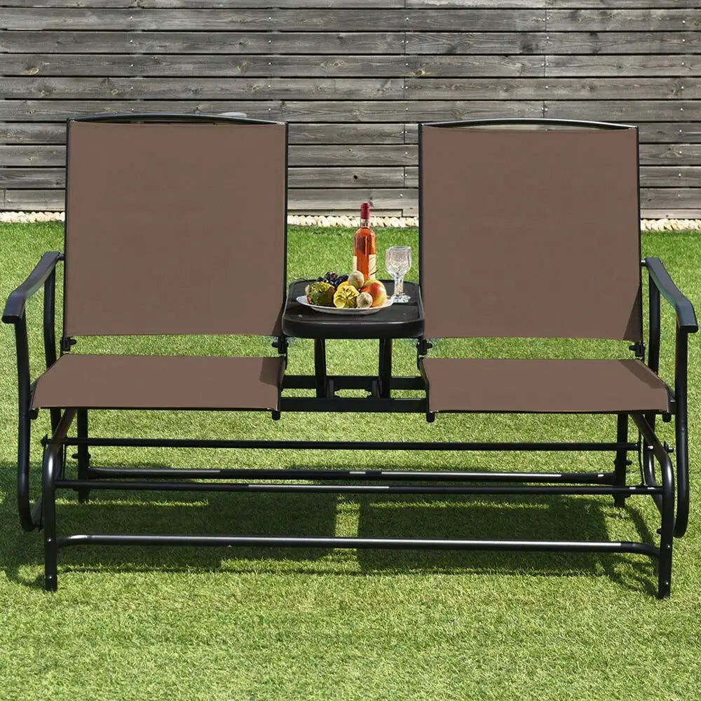 “2-Person Patio Glider Rocking Loveseat with Tempered Glass Table – Brown Outdoor Garden Furniture Set”