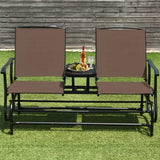 “2-Person Patio Glider Rocking Loveseat with Tempered Glass Table – Brown Outdoor Garden Furniture Set”