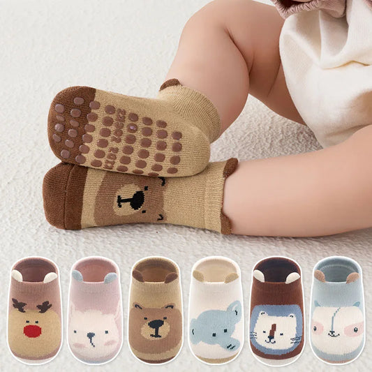 6-Pairs Kids’ Cotton Socks – Non-Slip Baby Floor Socks with Cute Cartoon Animal Patterns for Boys & Girls, Breathable & Comfy