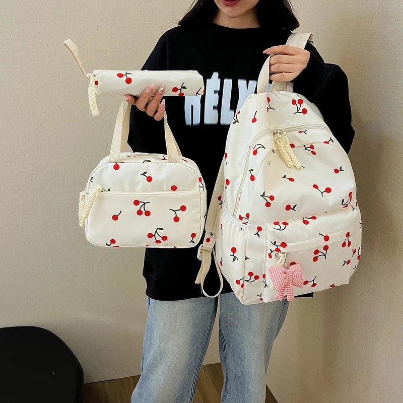 3-Piece School Bag Set – BackPack + Lunch Bag + Pencil Case (Cherry Printed)