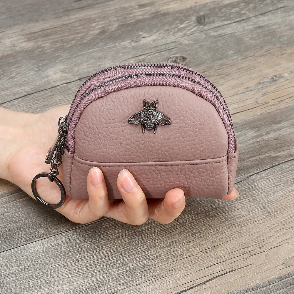 Cute Bee Decor Women’s Leather Coin Purse – Small 2-Zipper Wallet with Keychain Ring