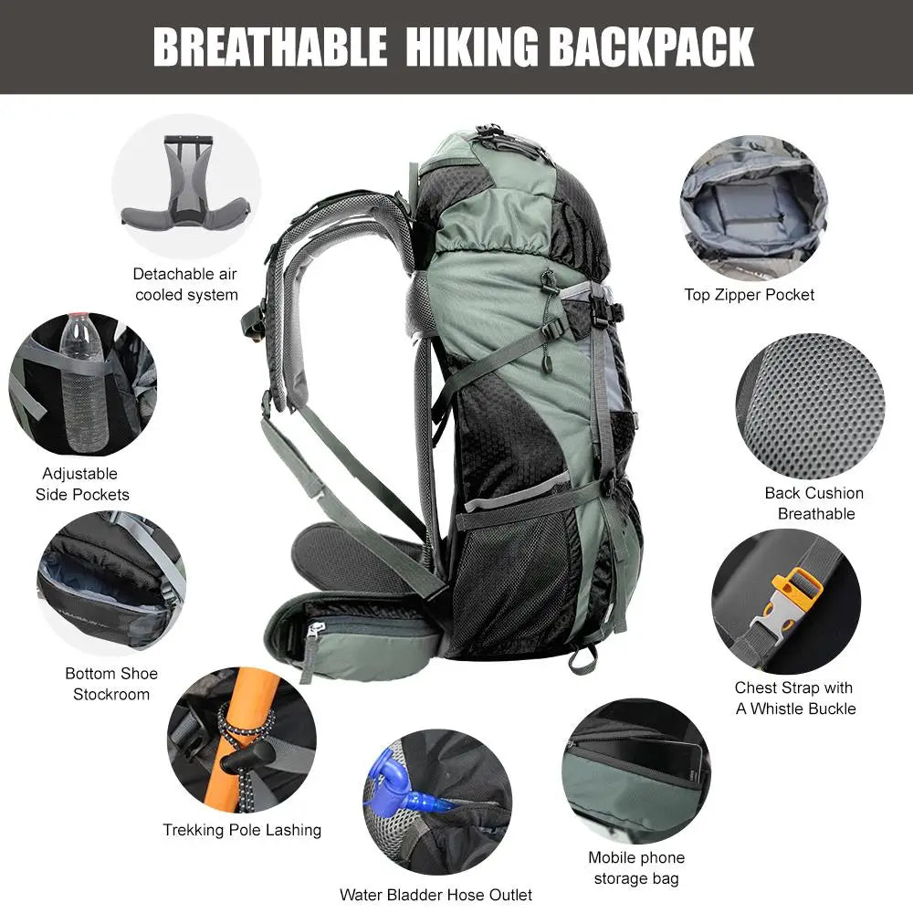 60L Internal Frame Hiking Backpack with Rain Cover – Large Capacity Outdoor Adventure Pack