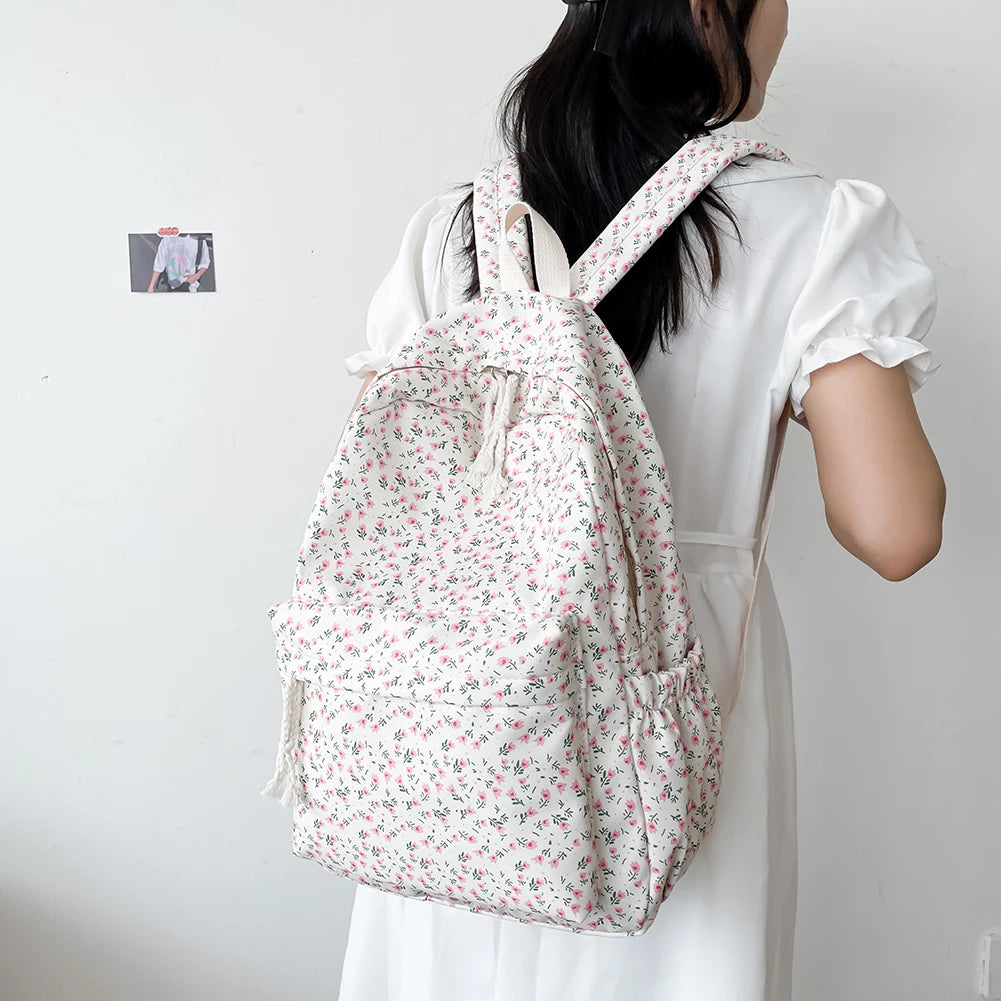 Floral Print Backpack with Pendant for Women & Girls – Large Capacity Student School & Travel Bookbag