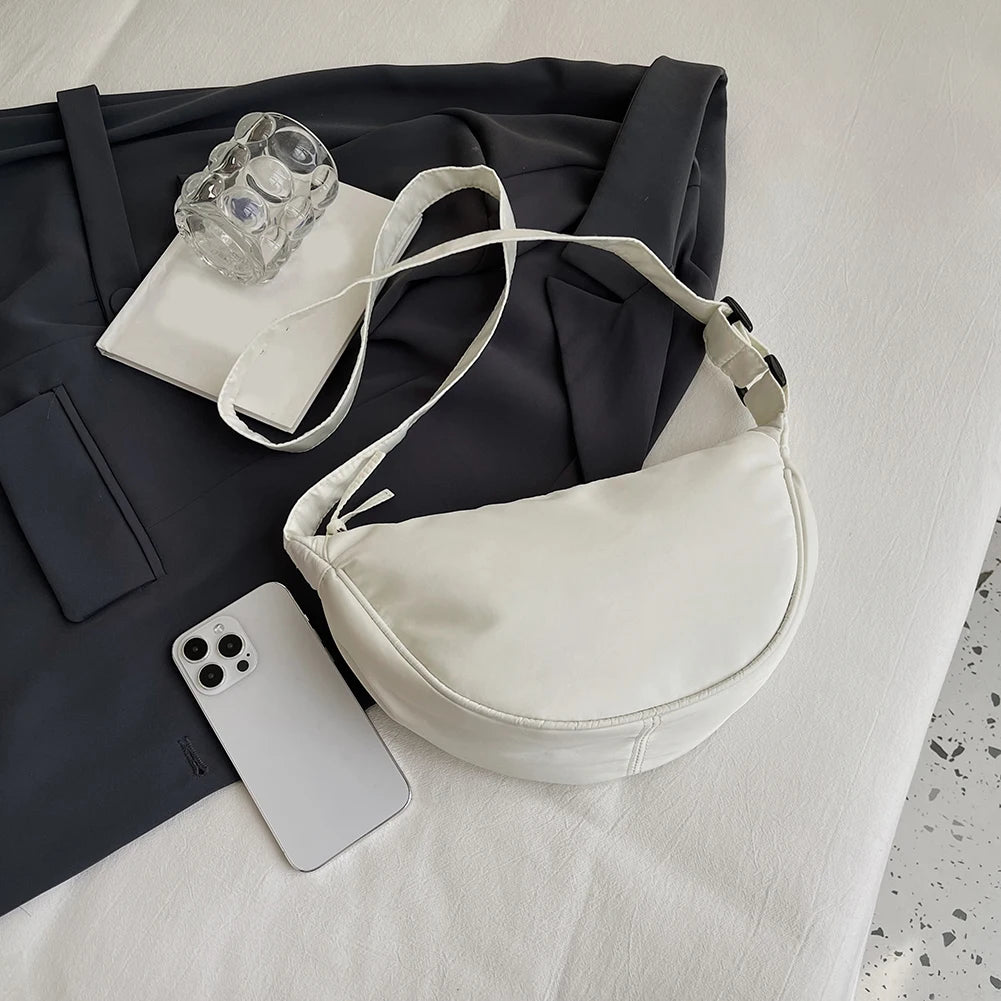 Women’s Crescent-Shape Nylon Shoulder & Crossbody Bag – Simple Elegant Daily Handbag
