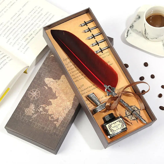 ✒️ Retro Vintage Calligraphy Feather Dip Pen Set – Quill Fountain Pen with Ink for Writing, Crafts & Gifts