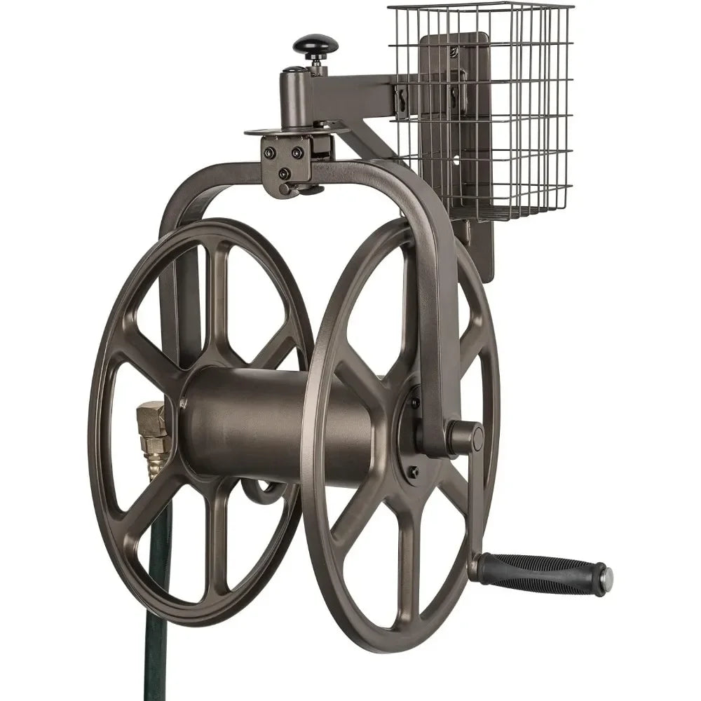 Innovative Single-Arm Navigator Garden Hose Reel – 125ft Capacity | Multi-Directional Bronze Hose Holder for Outdoor & Lawn Care