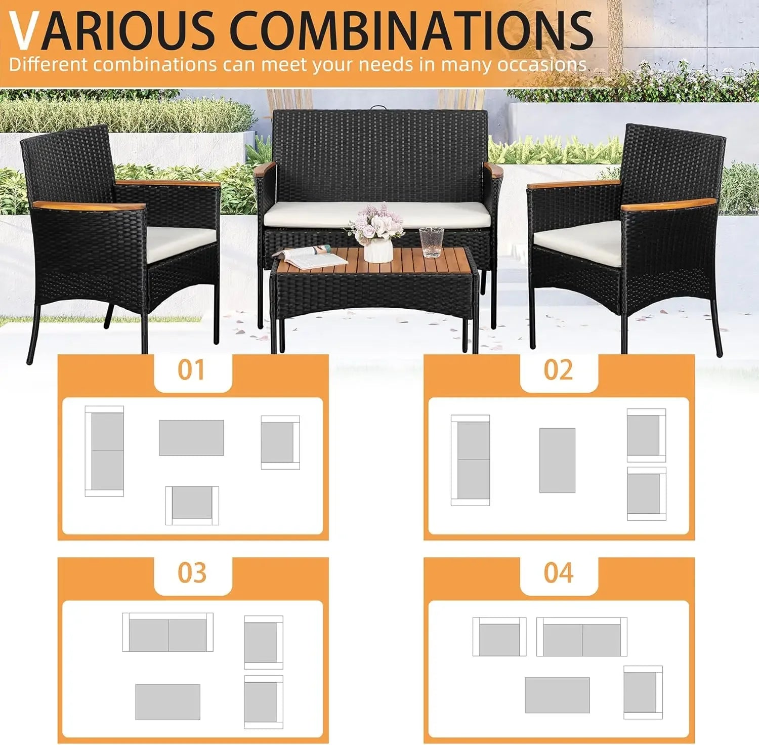 “4-Piece Outdoor Wicker Patio Furniture Set – Loveseat, 2 Chairs & Coffee Table with White Cushions for Lawn & Backyard”