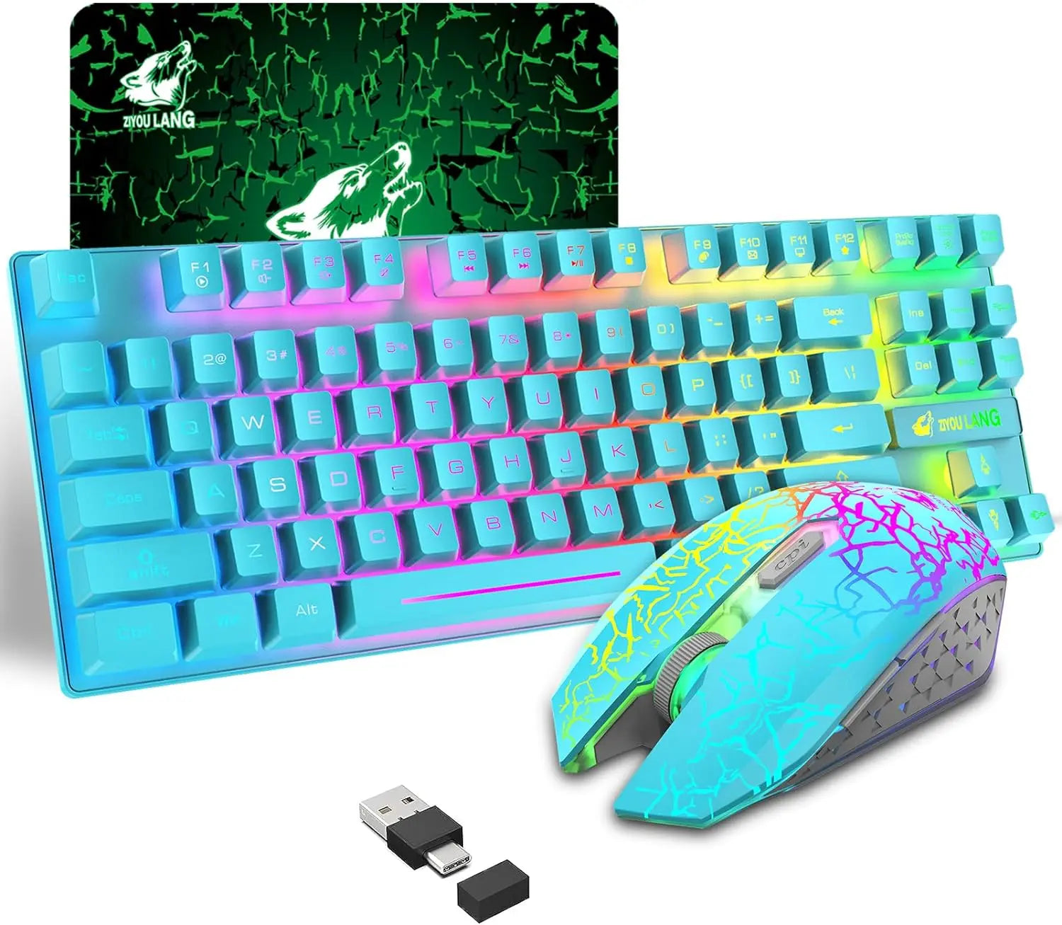 Mambasnake T87 Wireless Gaming Keyboard & Mouse Combo with 87-Key Rainbow LED Backlight and Rechargeable Battery (118 characters)