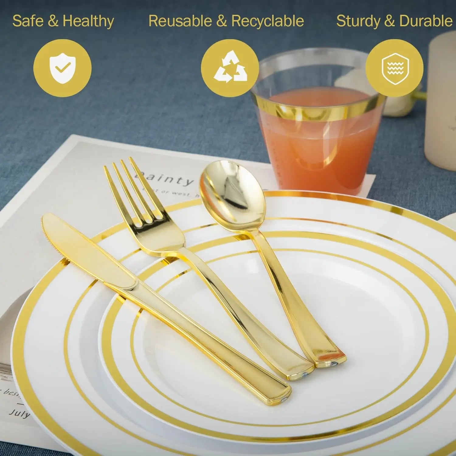 600pcs Gold Disposable Plates Dinnerware Set – Heavy-Duty Plastic Dinner & Dessert Plates for 100 Guests | Elegant Party Tableware