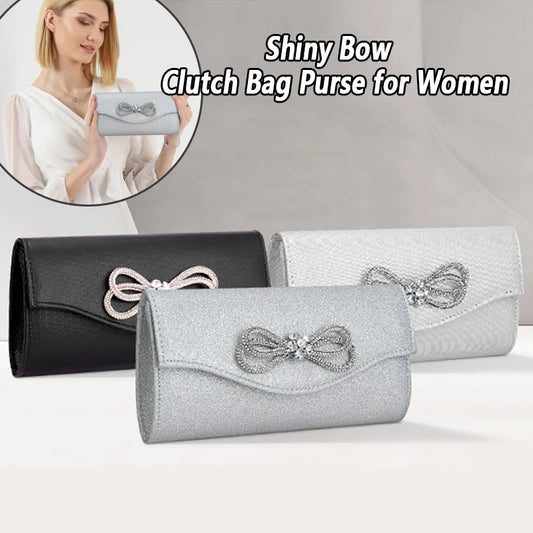 Women’s Crystal Bow Handbag – Elegant Satchel Clutch Purse with Chain Strap | Shiny Evening Crossbody & Shoulder Bag