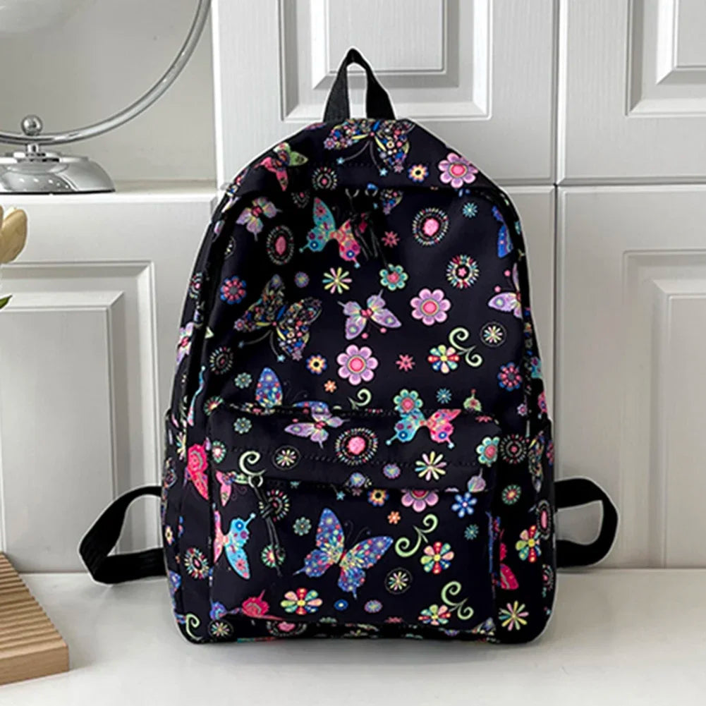 Butterfly Print Nylon School Backpack – Large Capacity Floral Student Book Bag for Daily & Outdoor Use
