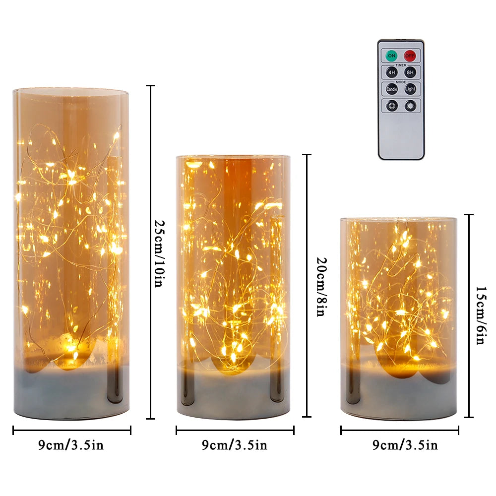 3-Piece Glass Flameless LED Candle Set – Battery-Powered Fairy Light Candles with Remote Control | Elegant Decorative Table Lamps