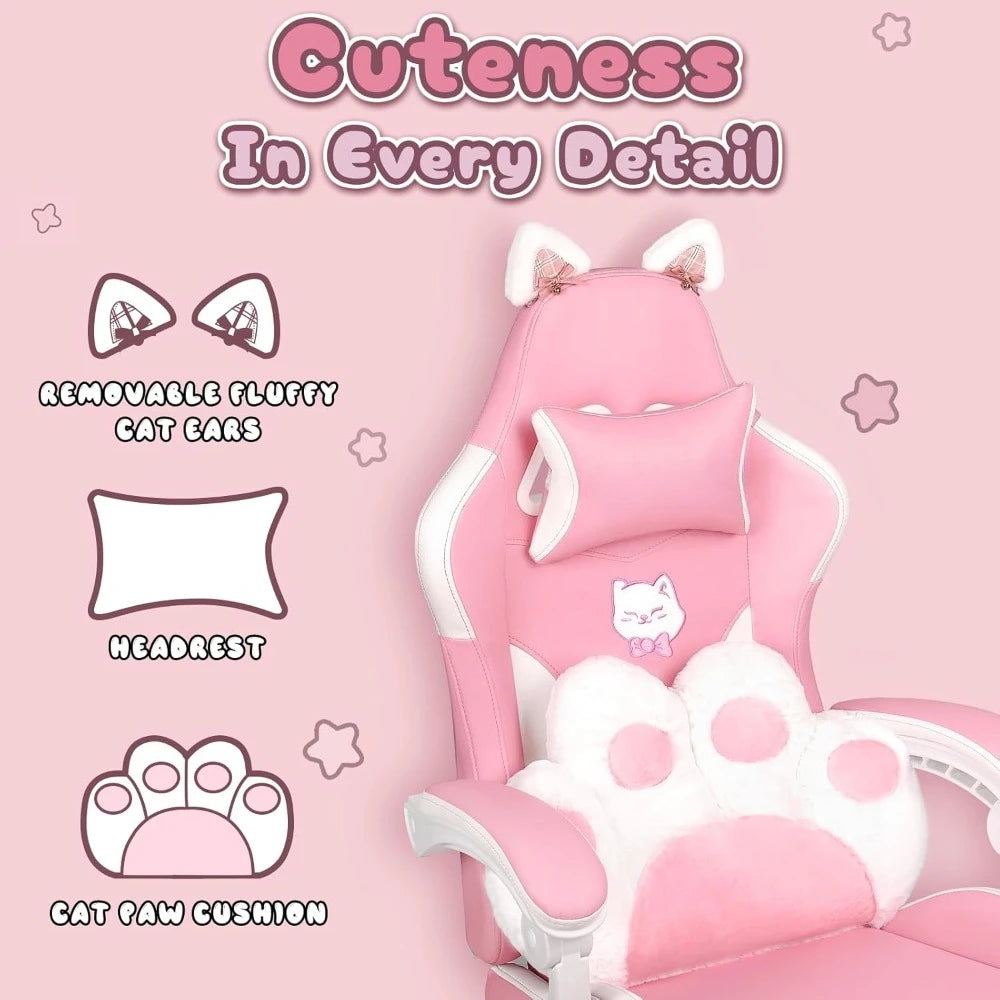 Cute Gaming Chair with Cat Ears – Ergonomic Computer Chair with Cat Paw Lumbar Cushion, Footrest & Headrest for Girls & Teens